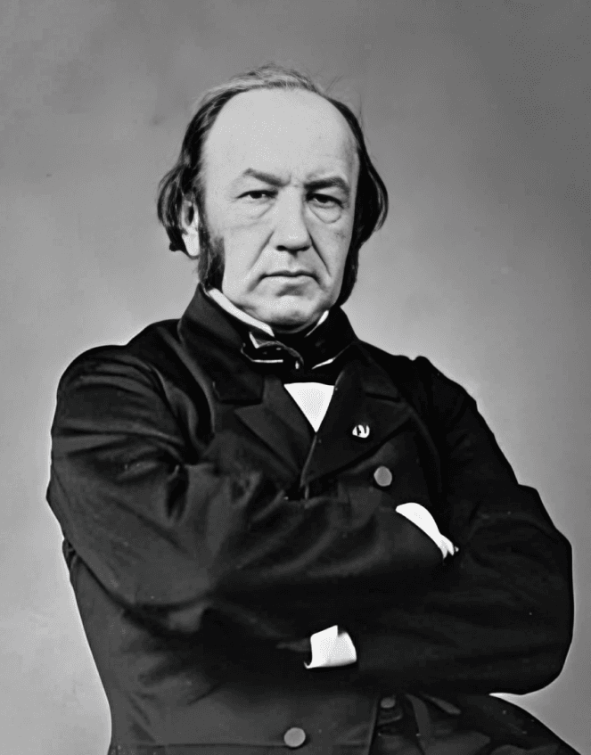 Older man in a suit with arms crossed, serious.