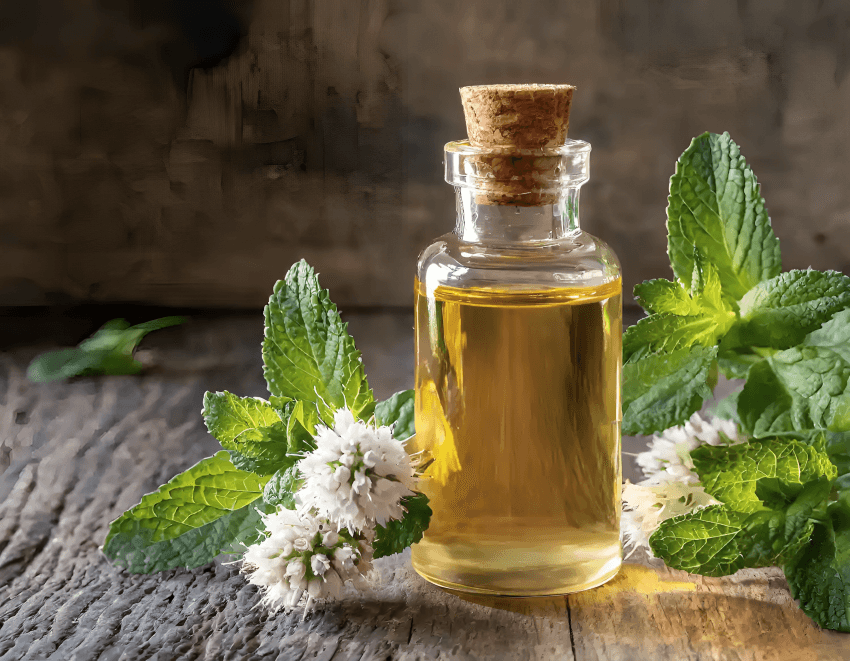 Essential oil bottle with mint leaves and white flowers.