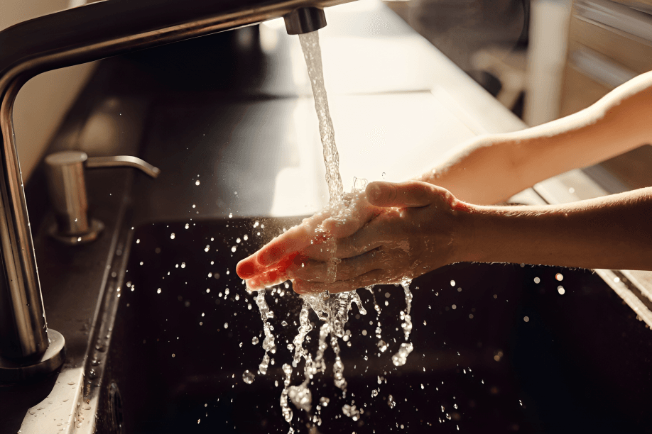 Hands rinsing under running water in a sink.
