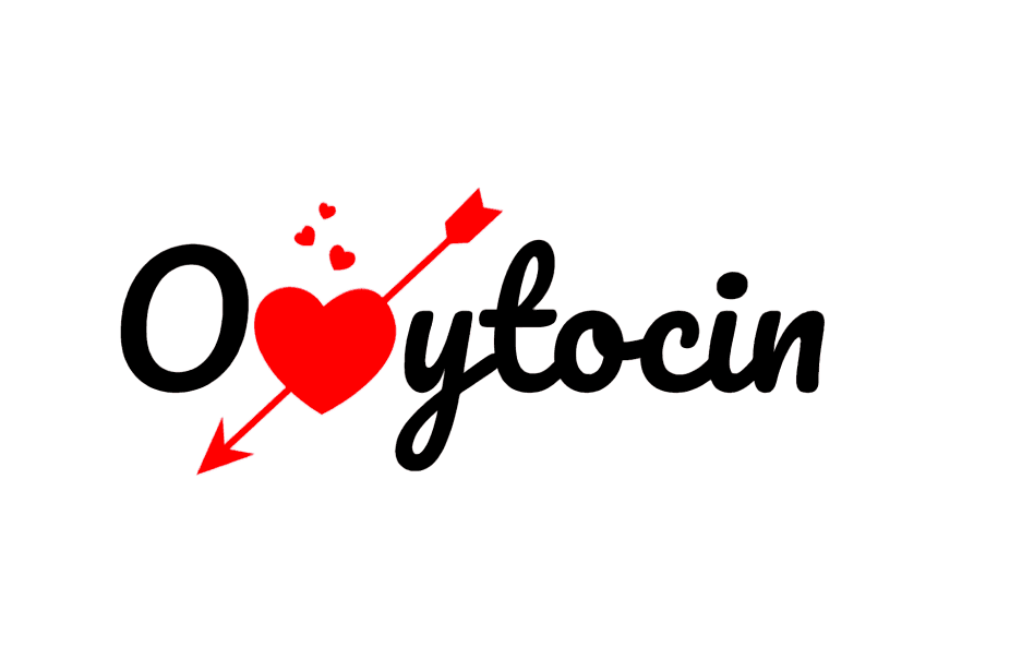 "Oxytocin" text with a heart pierced by an arrow and small hearts.
