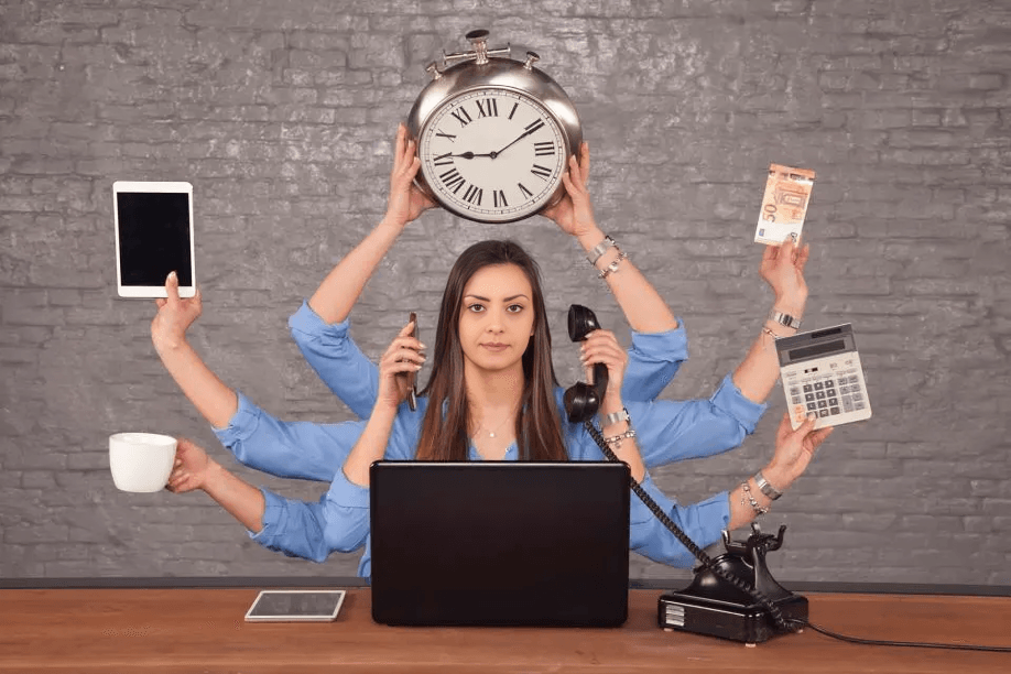 A multilimbed woman juggles many tasks simultaneously.