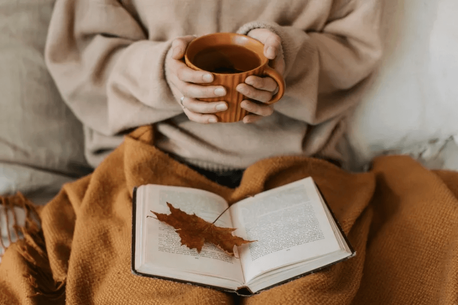 Close-up of an open book with an autumn leaf on a cozy blanket.
