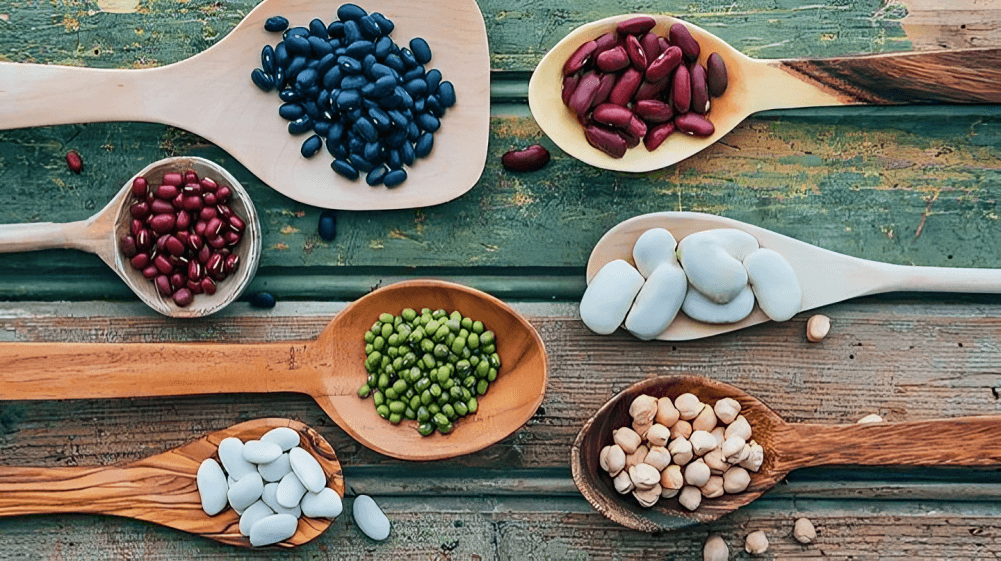 Lentils, beans, and chickpeas in wooden spoons.