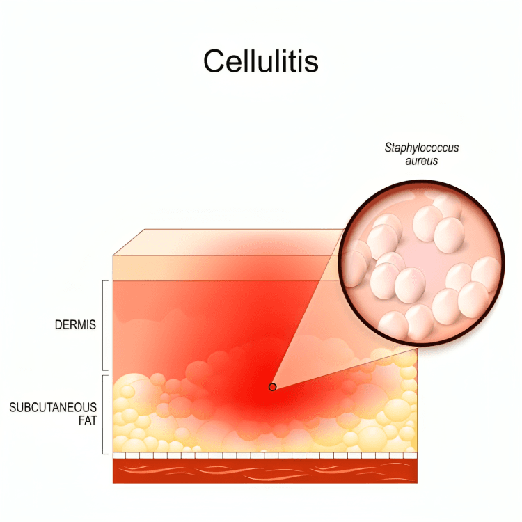 Illustration of cellulitis with skin and bacteria details.
