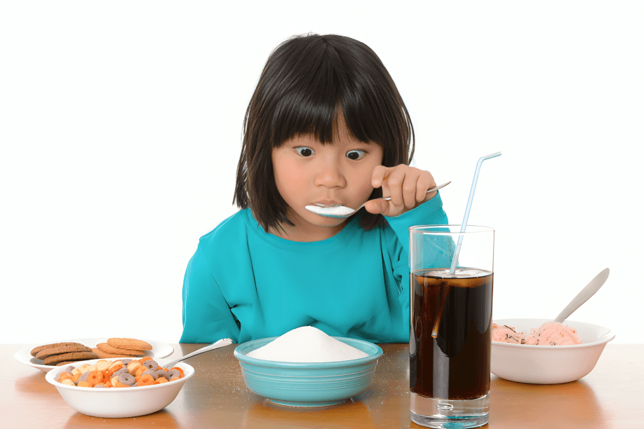 A young child eating a spoonful of sugar, surrounded by sweets.