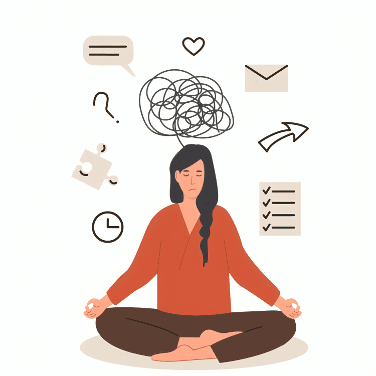 A meditating woman surrounded by swirling thoughts and task icons.