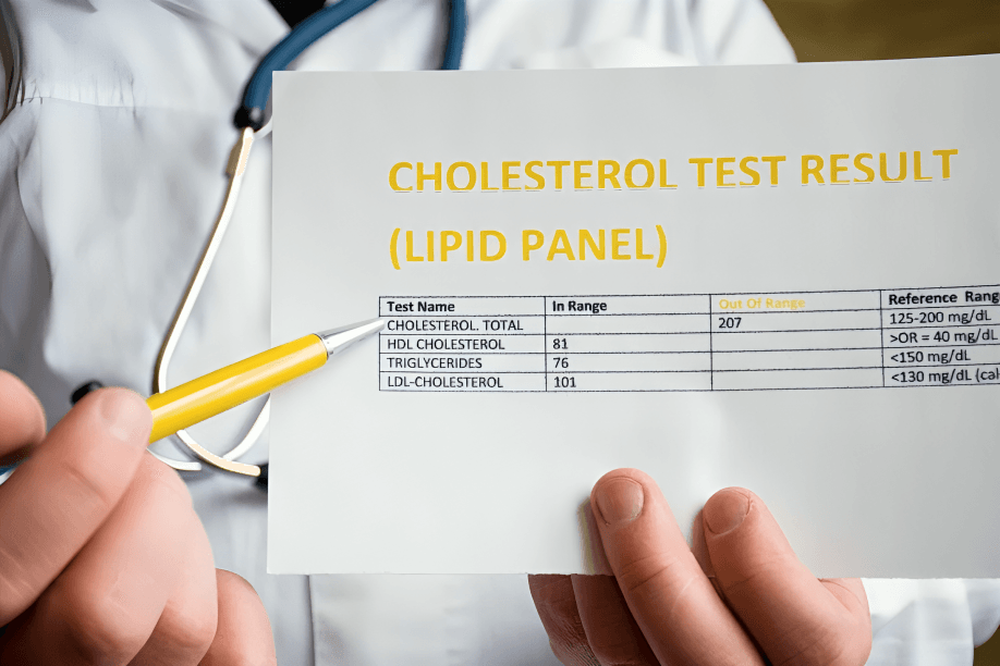 A doctor points to a cholesterol test result.