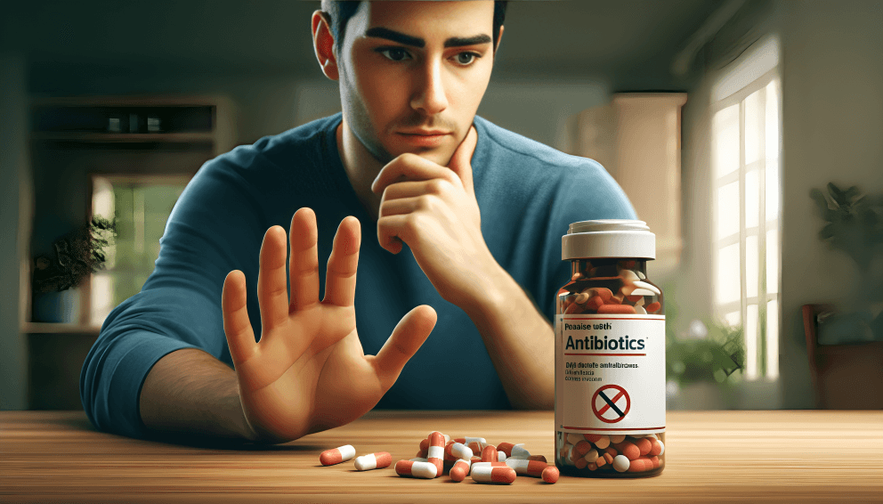 A man refusing antibiotic pills on a wooden table.