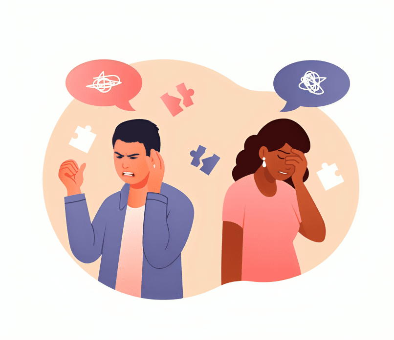 Two people experiencing mental health issues, with puzzle pieces.