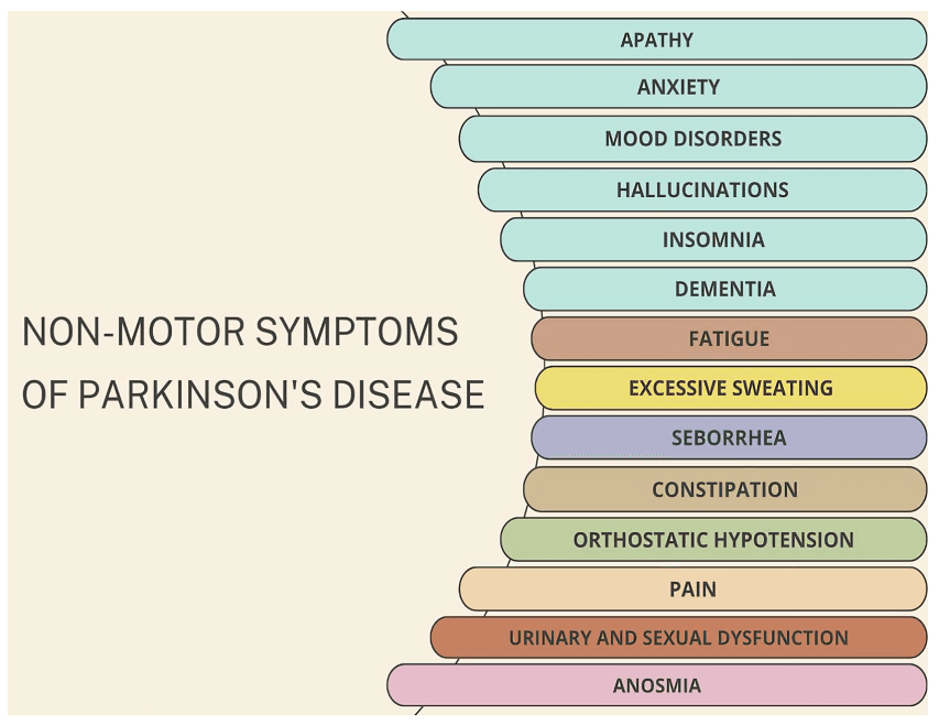 Infographic listing non-motor symptoms of Parkinson's disease.