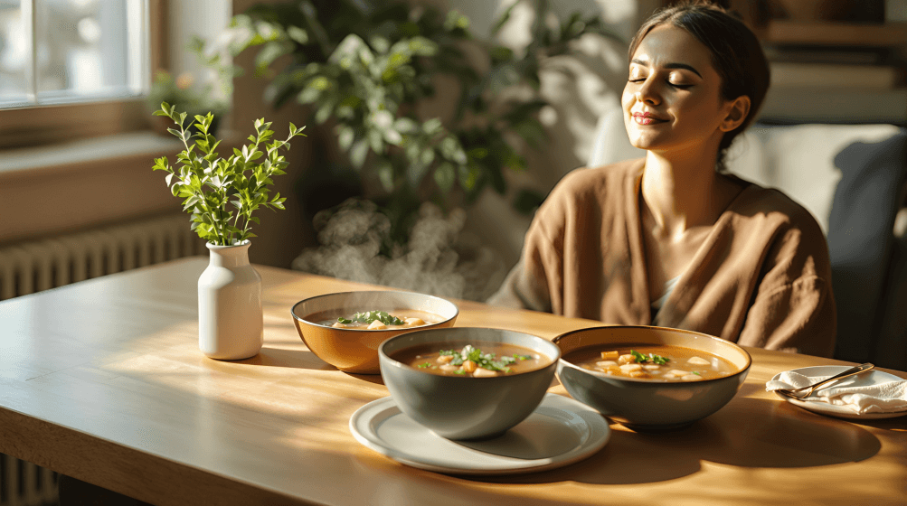 A woman enjoys warm bowls of soup in a sunny room.