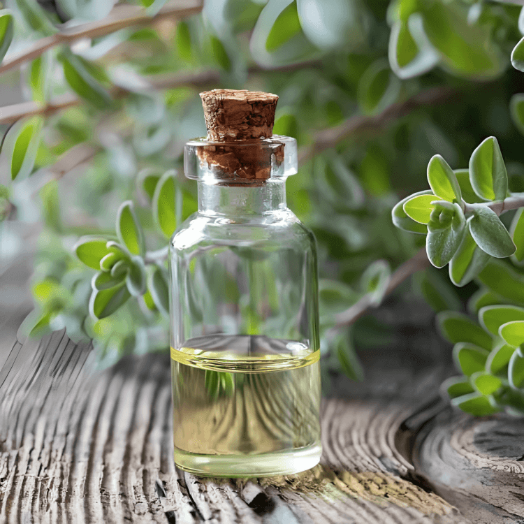 Bottle of essential oil on wood with green leaves.