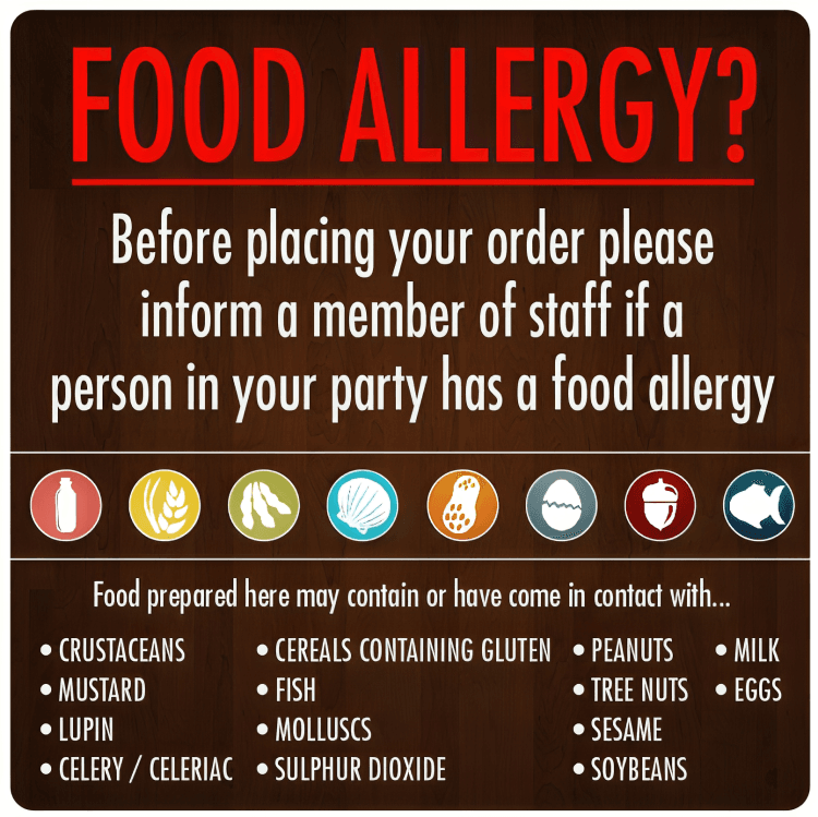 Food allergy warning sign with common allergen icons and text.
