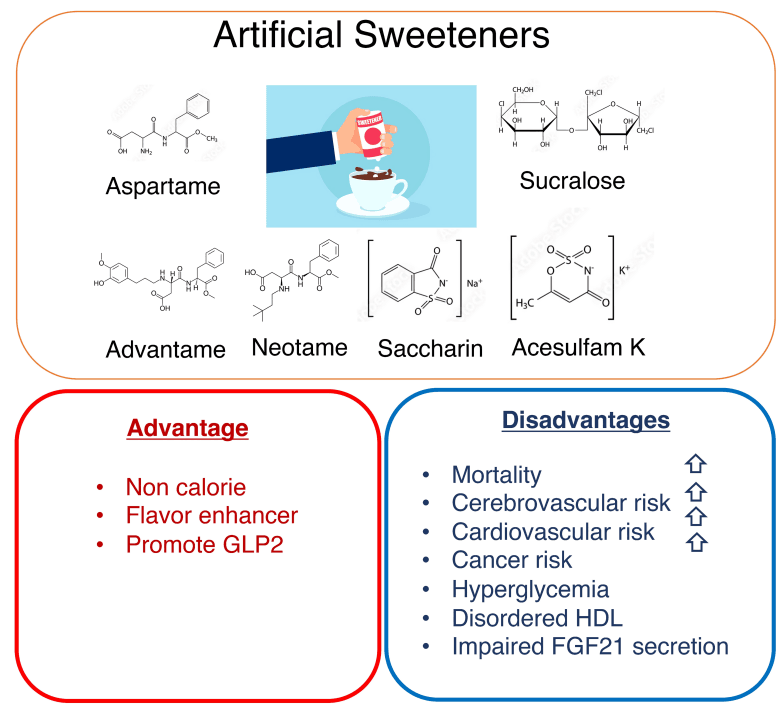Artificial sweeteners infographic with chemical structures.