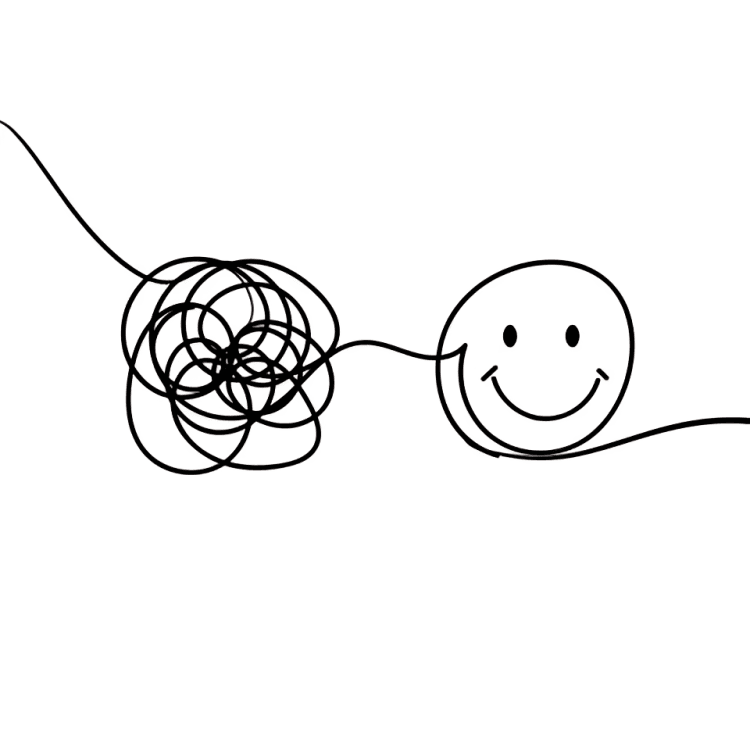 Tangled line transforming into a simple smiling face.