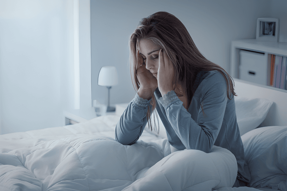Woman sitting in bed, looking stressed or sleepless.