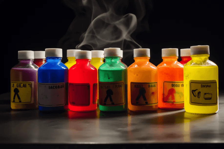 Variety of colorful liquid bottles with labels.