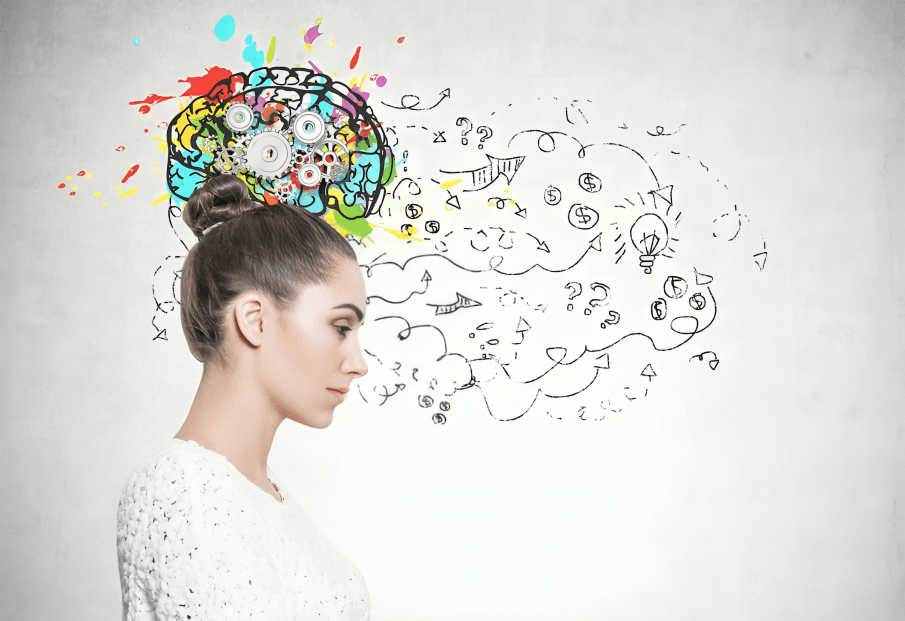 Woman in profile with colorful brain illustration.