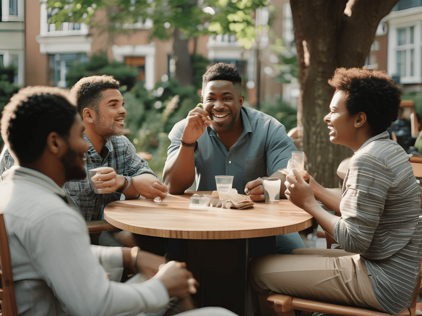 Four friends, possibly African, talking at an outdoor cafe.