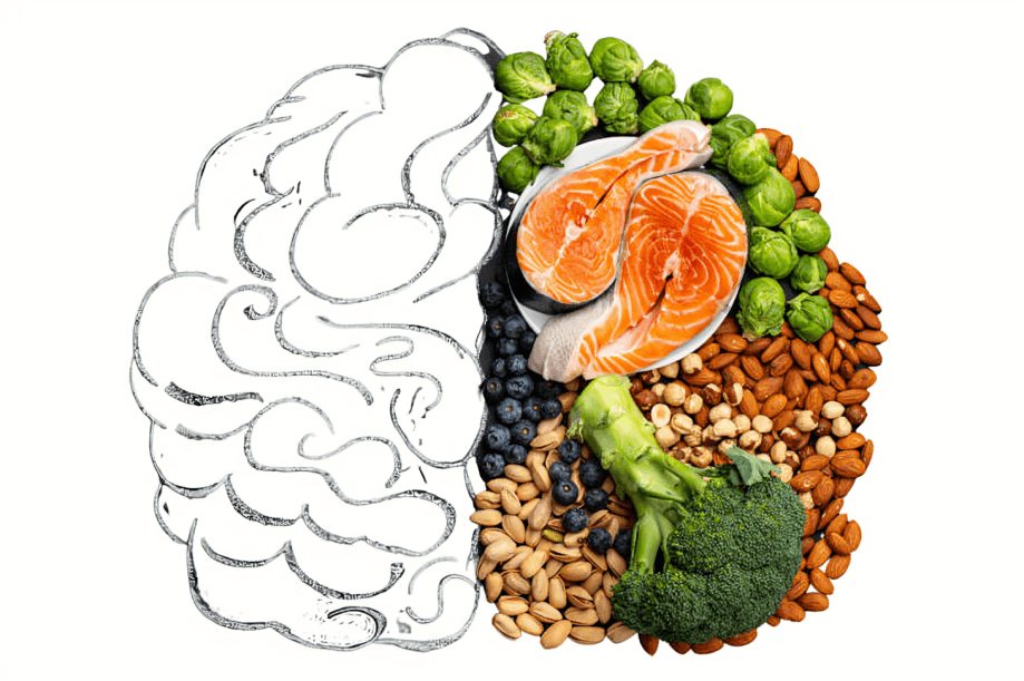 Brain shape filled with healthy foods for thought.