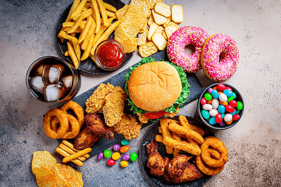 Assortment of unhealthy fast food and sugary snacks.