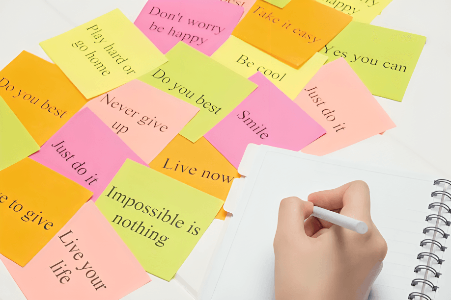 Handwriting in a notebook near motivational sticky notes.