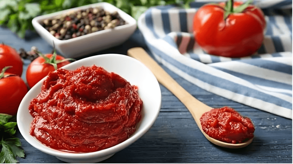 A bowl and spoon of tomato paste with tomatoes.