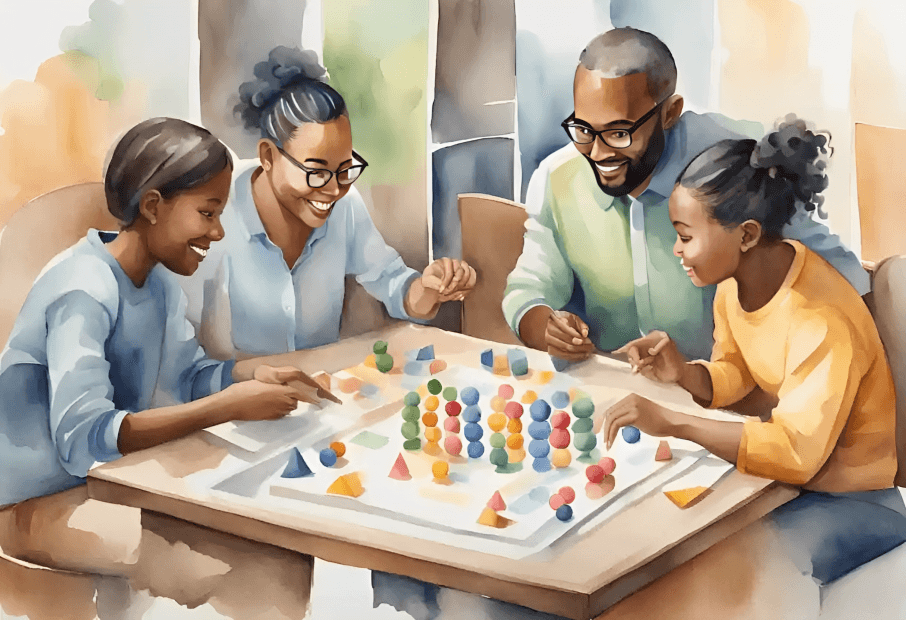 Family of four appears to be playing a board game.