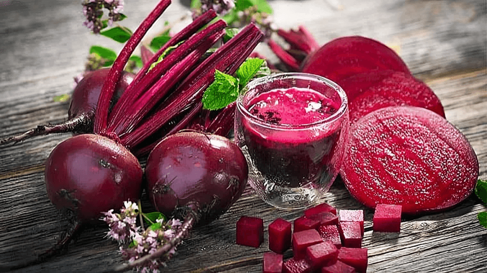 Red beets and a glass of beet juice.