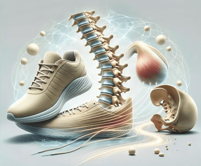 A stylized image of a spine, shoe, and bones, possibly representing orthopedic health.