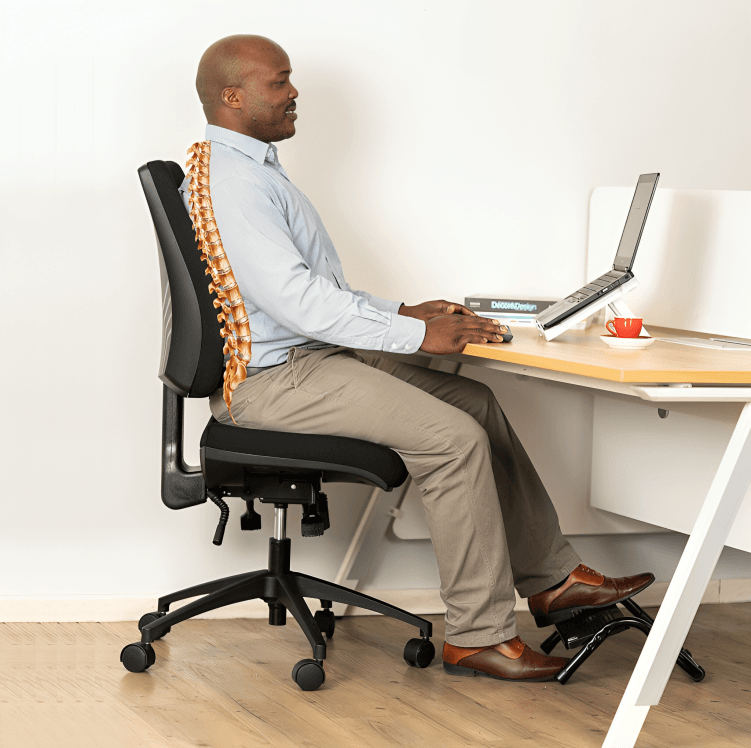 A man sitting in a chair with a diagram of a spine.