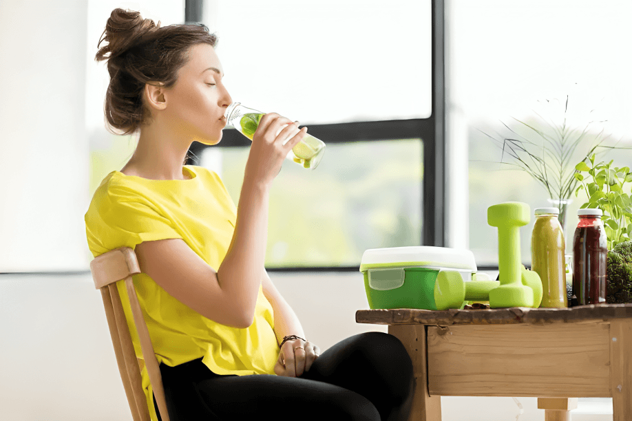 A woman in a yellow shirt drinking green juice.