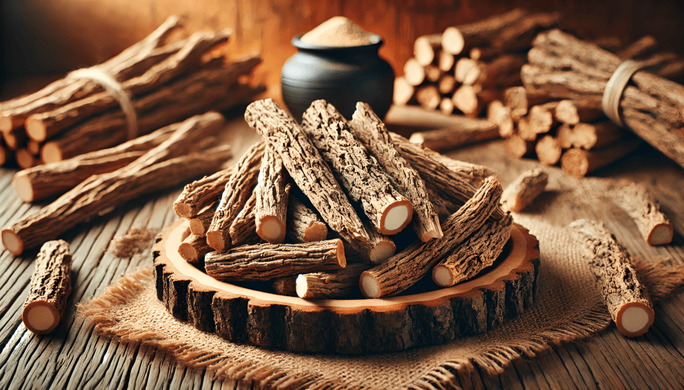 Dried licorice root sticks on a wooden table.