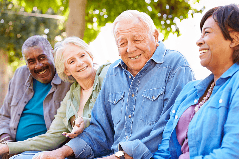 A diverse group of smiling seniors enjoying the outdoors.