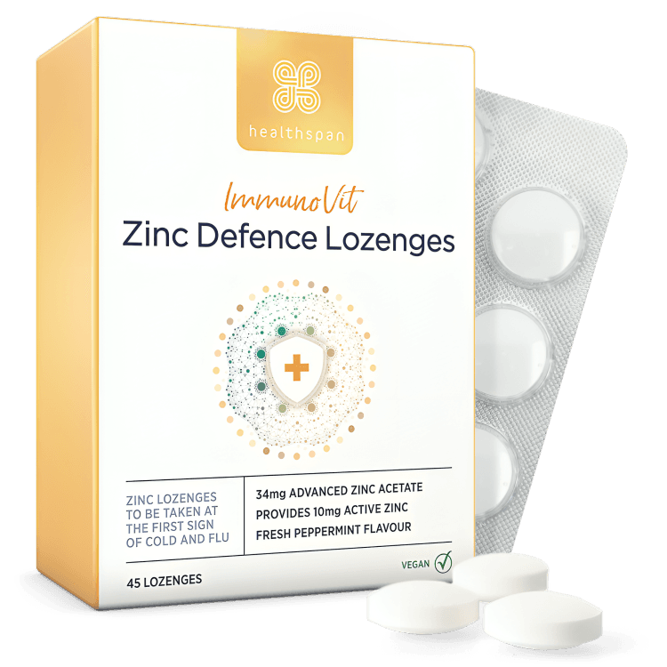 Healthspan ImmunoVit Zinc Defence Lozenges packaging with white tablets.