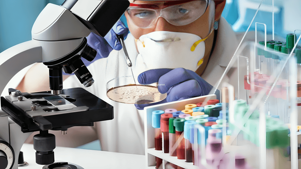 A scientist examining a petri dish under a microscope in a lab.