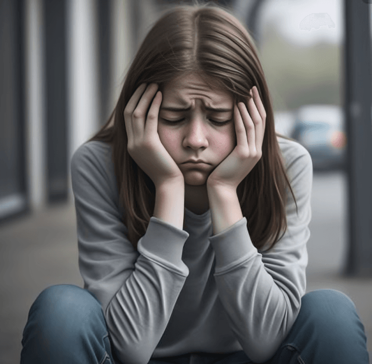 A young person with a worried expression rests their head.