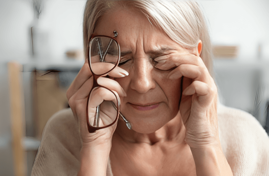 Elderly woman rubs eyes, holding glasses, experiencing discomfort.