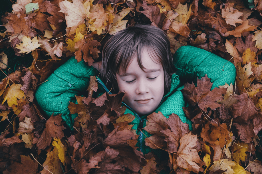 Child peacefully rests in a bed of colorful autumn leaves.