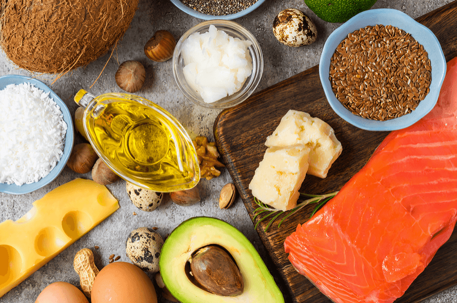 A flat lay of various healthy fats and proteins.