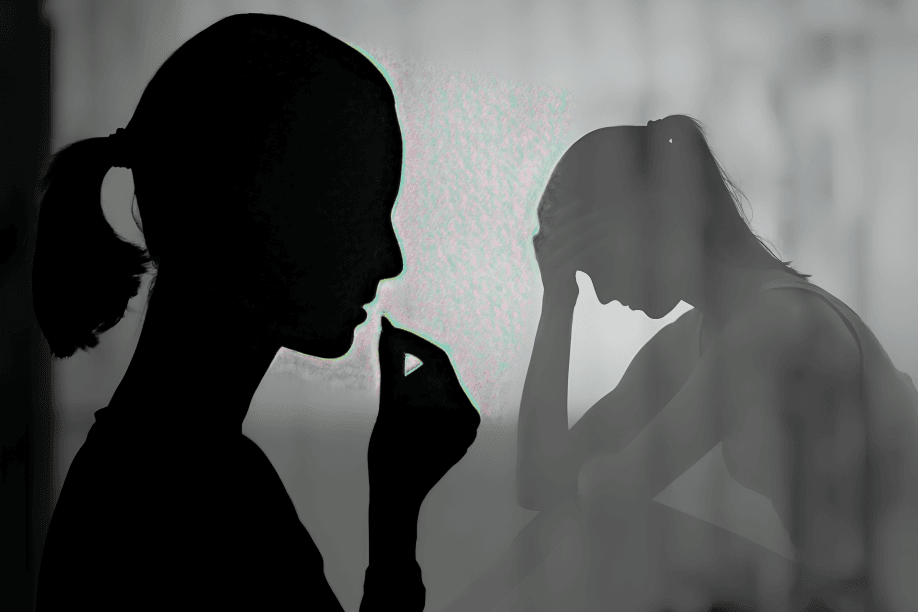 Silhouette of woman taking pill with faded sad figure.