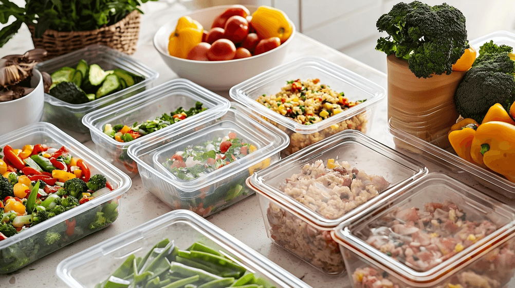 Containers of prepped meals on a kitchen counter.
