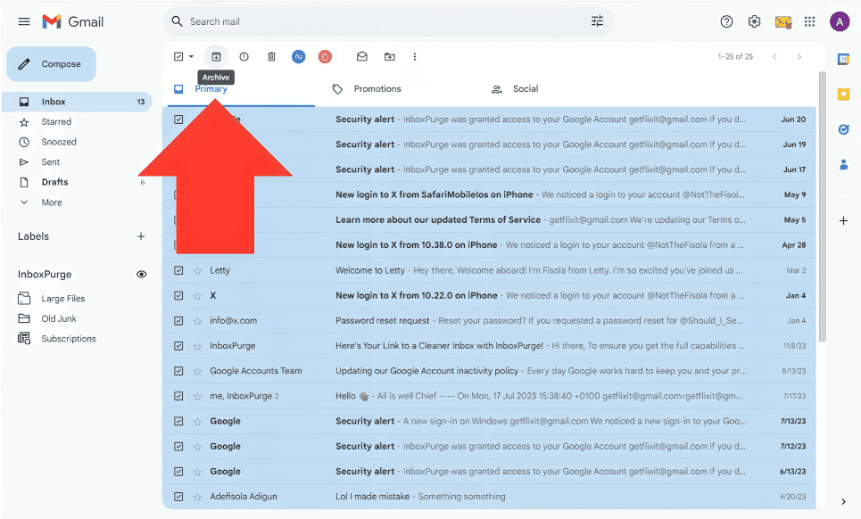 Screenshot of Gmail inbox with an archive button highlighted.