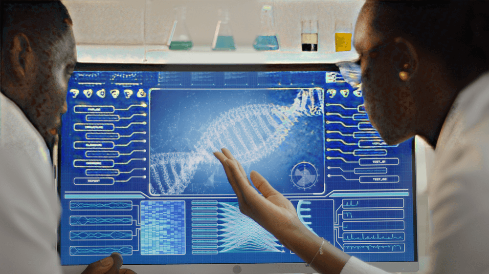 Scientists examine DNA on a computer screen in a laboratory.