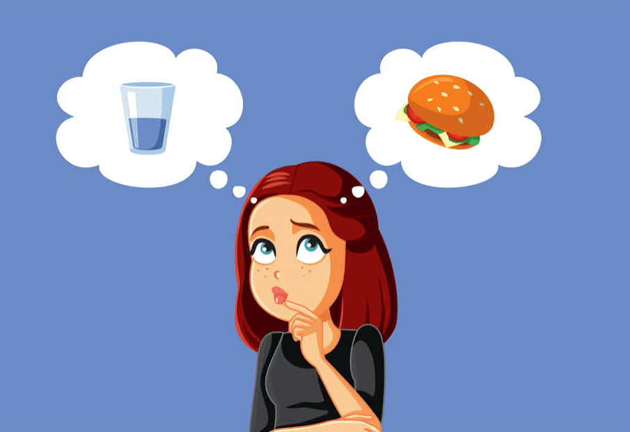 A woman deciding between water and a burger in thought bubbles.