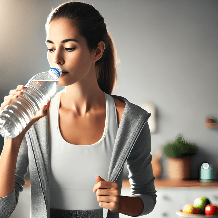 Woman in sportswear drinking water from a plastic bottle indoors. 