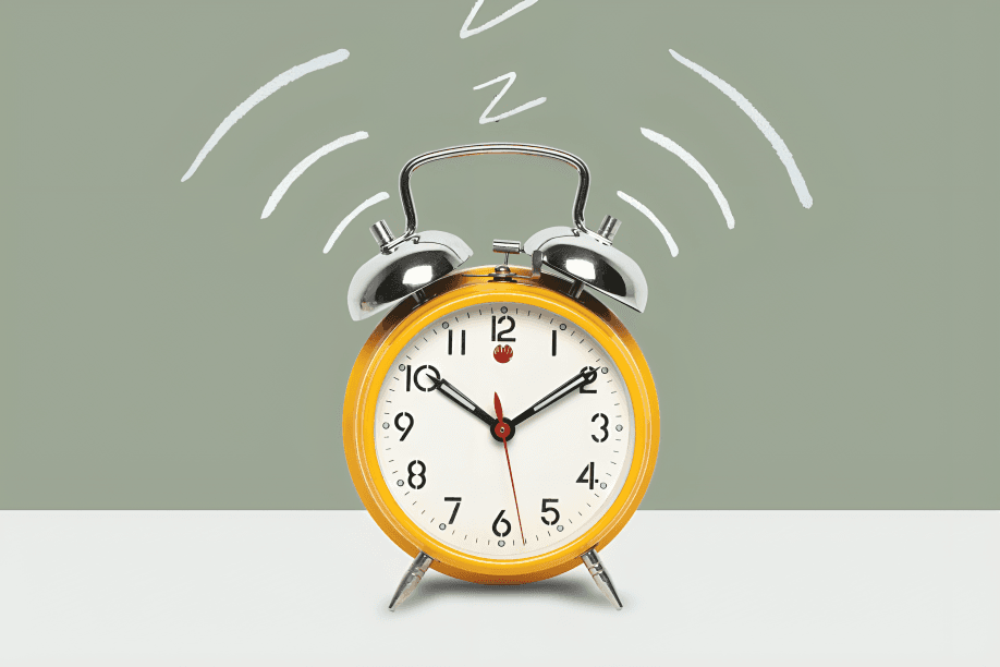 A yellow alarm clock rings loudly with sound waves.
