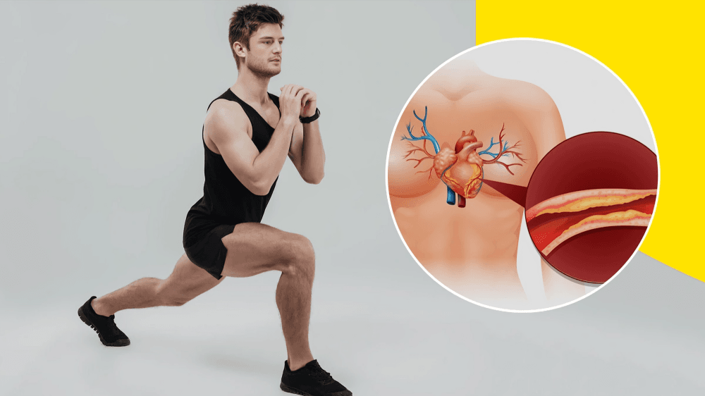 Man lunging with heart illustration showing artery blockage.