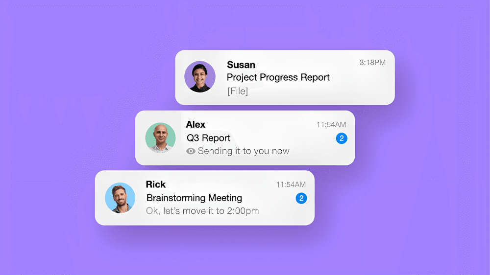 Screenshots of message bubbles from Susan, Alex, and Rick.