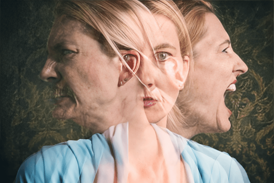 Composite image showing three expressions of a woman's face.